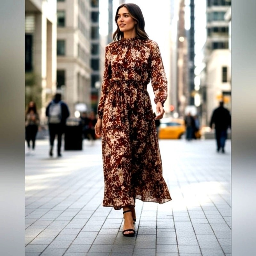 Lark + Grey Floral Maxi‎ Dress Women's Sz XL Burgundy Long Sleeve Cottage Fairy